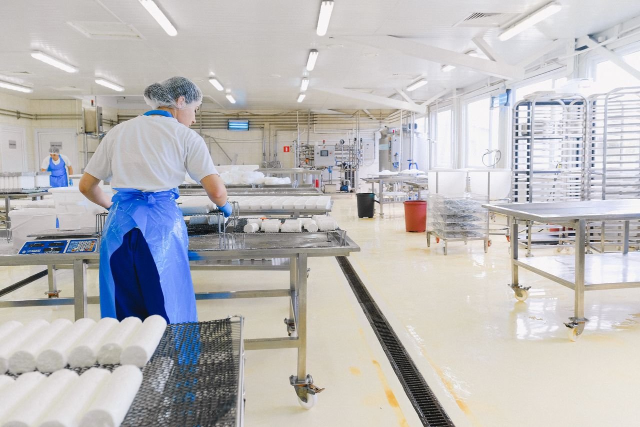 Home A worker in protective gear handles cheese in a modern dairy factory setting.